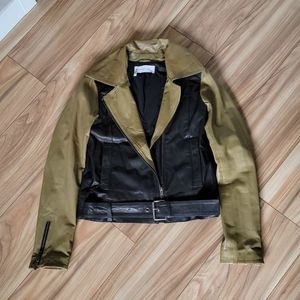 Derek Lam 10 Crosby Lamb Leather Motorcycle Biker Colorblock Jacket in Olive